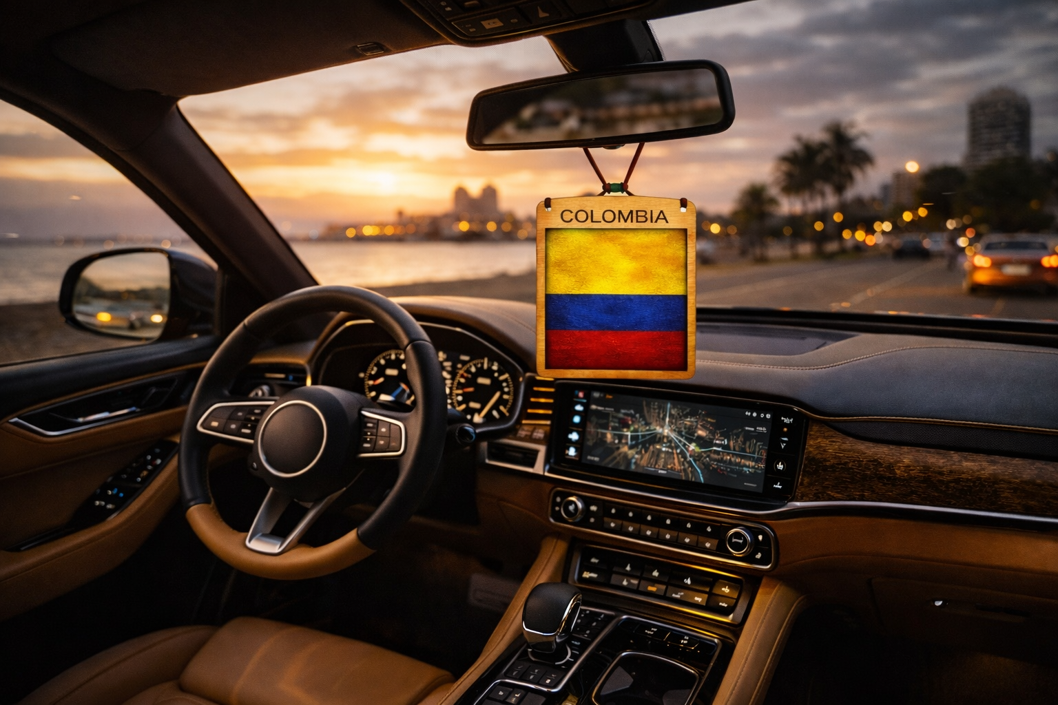 Car interior with a Colombia flag hanging from the rearview mirror during sunset.