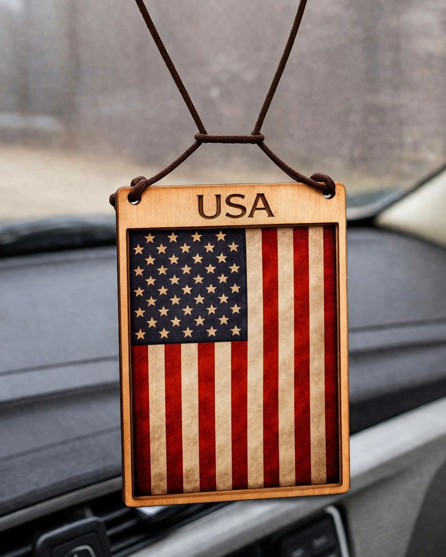 USA-themed car hanging ornament with American flag design inside a car.